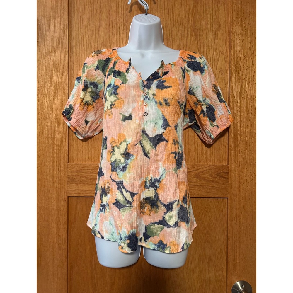 Boho Peasant Peach Abstract Floral Crinkle Short Sleeve Blouse‎ Top Watercolor S